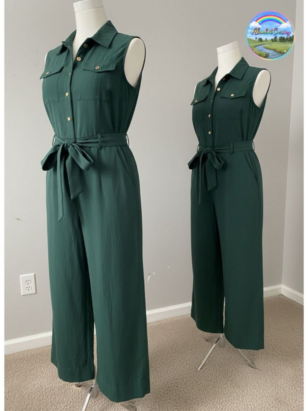 Wide Leg Jumpsuit Sleeveless Collared Tie Waist Button Cargo Cotton